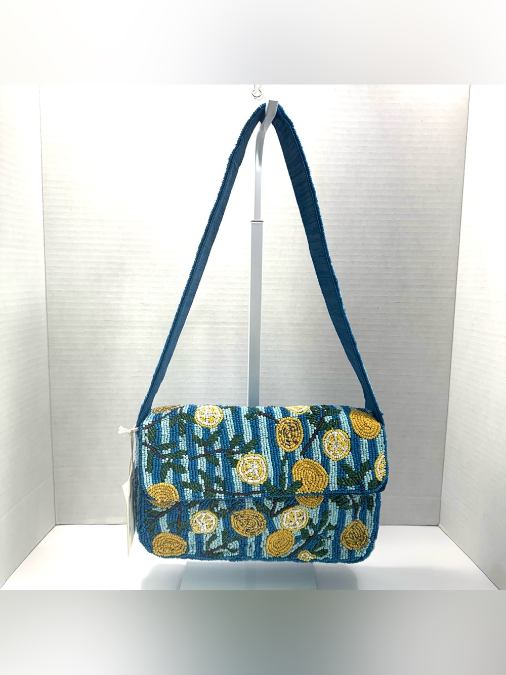 SOL and MER Beaded Striped Lemon Shoulder Bag, Made In India, Blue Multi Stripe